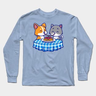 Cute Couple Cat And Corgi Dog Eating Spaghetti Together Cartoon Long Sleeve T-Shirt